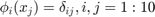 $\phi_i(x_j)=\delta _{ij},i,j=1:10$