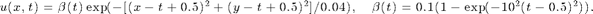 $$u(x,t) = \beta (t)\exp(-[(x-t+0.5)^2+(y-t+0.5)^2]/0.04), \quad \beta (t) = 0.1(1-\exp(-10^2(t-0.5)^2)).$$