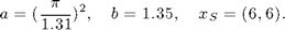 $$ a = (\frac{\pi}{1.31})^2, \quad b=1.35, \quad x_S = (6,6). $$