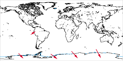 A Mercator map with
arrows pointing to the locations of Antactica and Ecuador